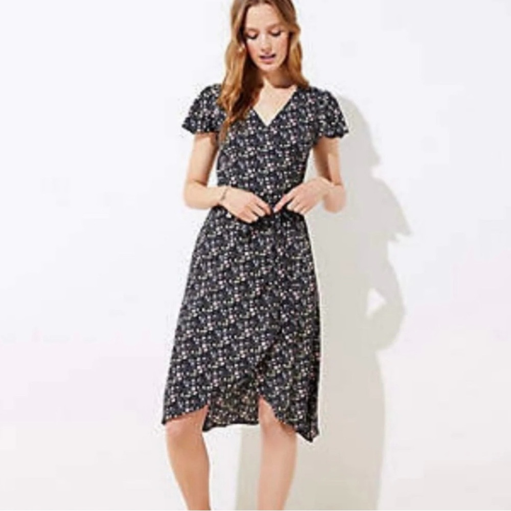 LOFT Petites Floral Wrap Midi Dress 2P Boho Cottage core Romantic Belted